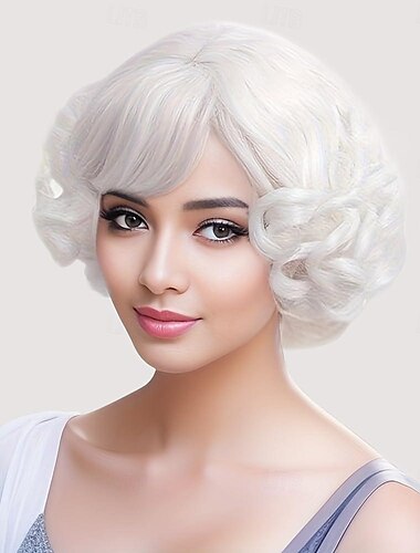  Short Curly White Women Wig with Bangs Heat Resistant Synthetic Hair Water Wave Womens Wigs for Old Lady Cosplay Daily 20s Costume Anime Halloween