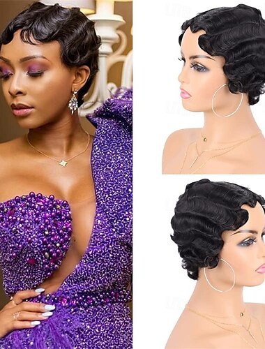  Wig Finger Wave Wig Short Syntheyic Hair Curly Wigs for Black Women Lady Nuna Wig 1920s Cosplay Costume Halloween Party Daily Use