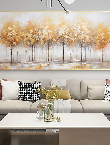  Peinture à l'huile de forêt originale faite à la main sur toile, décor d'art mural abstrait, peinture de paysage d'arbre jaune pour la décoration intérieure avec cadre tendu/sans peinture de cadre