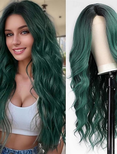  perruque longue ondulée verte ombrée pour femme perruque bouclée de 26 pouces avec raie au milieu perruque en fibre synthétique résistante à la chaleur d'aspect naturel pour une utilisation