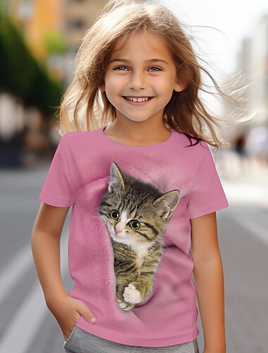  Mädchen 3D Katze T-Shirt Hemden Kurzarm 3D-Druck Sommer Aktiv Modisch Kuschelig kinderkleidung 3-12 Jahre Rundhalsausschnitt Outdoor Casual Täglich Regular Fit