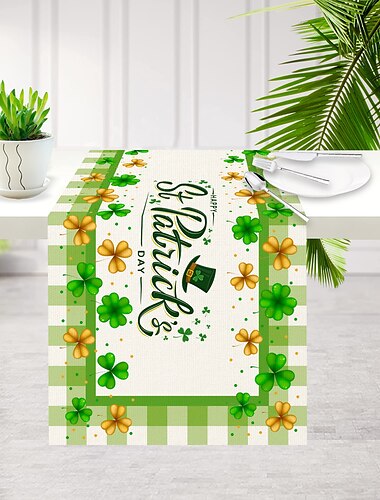  zelený šťastný trojlístek sv. Patrick's day table runner, sezónní jarní prázdniny dekorace kuchyňského jídelního stolu pro vnitřní venkovní dekorace na domácí párty