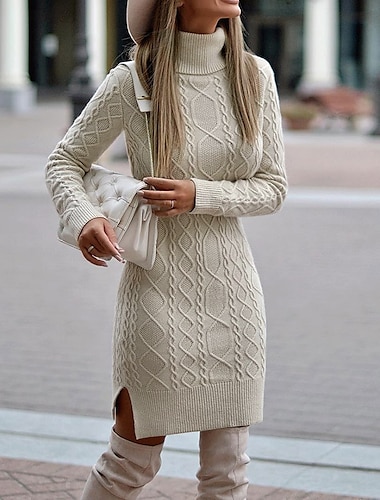  vestido de suéter de mujer vestido de invierno vestido casual vestido midi beige manga larga color puro estampado de punto invierno otoño cuello alto vestido casual de otoño 2023 s m l xl xxl