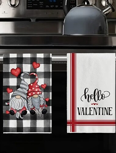  handdoeken, schuursponsje, buffel geruite kabouterwagen hallo valentijnsdag patroon vaatdoek, seizoensgebonden Valentijnsdag decoratie, keukenbenodigdheden