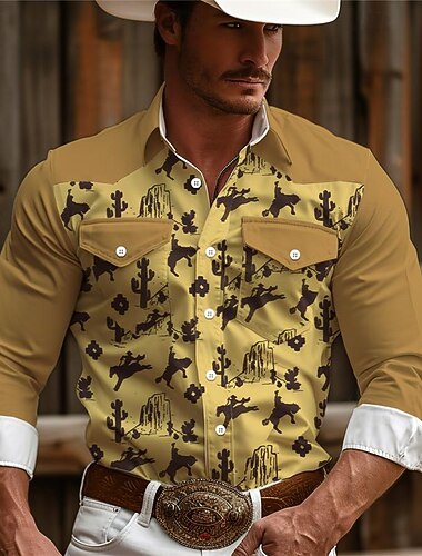  Pánské Kovbojské Westernová košile Košile na knoflíky Kovbojská košile Dlouhý rukáv Vinobraní vesternový styl Denní nošení Víkend Jaro Podzim Zima Přehnutý Košile s límečkem 3D tisk Přední kapsa