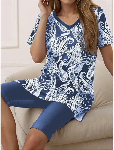  Vrouwen T-shirt 2 Delig Paisley Patroon Tuniek en Capri Legging Set V-hals Asymmetrisch Korte Mouwen Marineblauw Stretch Casual Comfort Lente Zomer Beschikbare maten