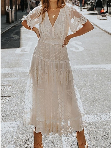  Mujer Vestido informal vestido largo vestido largo con manga Cita Vacaciones Ropa de calle Línea A Escote en Pico Manga Corta Blanco Color