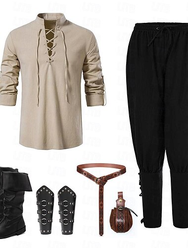  Medieval Renacimiento siglo 17 Longitud Mediana Blusa / Falda Traje de cosplay Botas Feria del Renacimiento Pirata Caballero Vikingo Correa Color sólido Hombre Vikingo Fantasía Víspera de Todos los