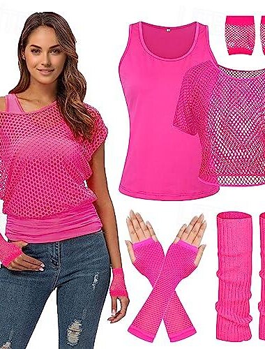  Retro Vintage Disko 1980er Outfits Schulterfreies T-Shirt Fischnetz Disco Damen Halloween Karneval Maskerade Party / Abend Pride Parade Pride-Monat Erwachsene Kostüm
