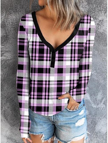  Damen T Shirt Henley Shirt Plaid Modisch Langarm V Ausschnitt Normale Oberteile Täglich Wochenende Knopf Bedruckt Gelb Rosa Blau Purpur Grün Frühling & Herbst