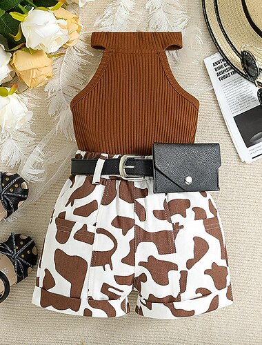  Mädchen 3D Einfarbig Leopard-Druck Tank-Top und Shorts Ärmellos Sommer Mode Lässig Kleinkind Ab 4 Jahren Outdoor Lässiger Schnitt