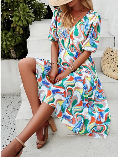  Dames Halflange jurk Casual jurk Swingjurk A lijn jurk Zomerjurk Etnisch Boho A-lijn Vakantie Straat Feestdagen Ruim Passend Bloemig Korte mouw V-hals Rood blauw Fuchsia Groen Zomer
