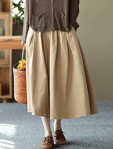  Dames Basic Casual Midi Hoge taille Rokken Effen Zak Casual / Dagelijks Weekend Zwart Wit Groen Khaki Zomer Katoen linnen