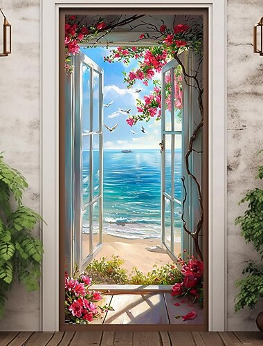  Vista da janela capas de porta de praia mural decoração porta tapeçaria porta cortina decoração pano de fundo banner removível para porta da frente interior ao ar livre decoração de quarto de casa