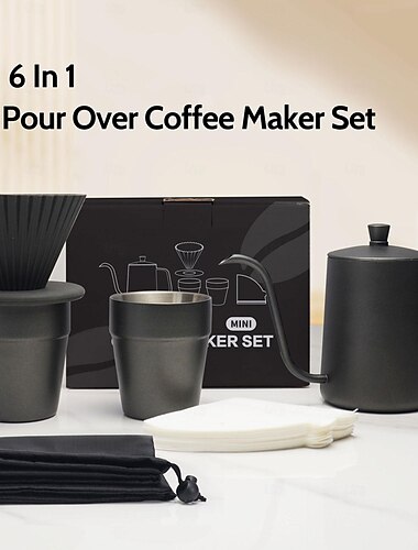  Juego de cafetera para verter sobre 6 en 1, superficie de teflón sus304, juego de cafetera de goteo lento, taza de goteo, filtro, taza de papel, caja portátil para viajar, caja de regalo de café, regalo del día de San Valentín