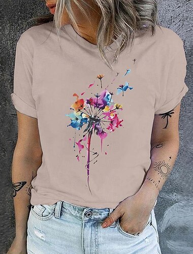  Damen T Shirt Löwenzahn Basic Kurzarm Rundhalsausschnitt Normale Oberteile Festtage Wochenende Bedruckt Weiß Khaki Grau