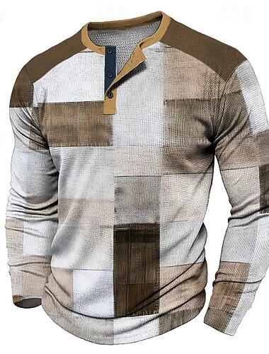  Herren Plaid Farbblock Henley Shirt Waffel-T-Shirt Langarm 3D-Druck Modisch Designer Brautkleider schlicht Sports Outdoor Casual Ausgehen Frühling & Herbst Blau Braun Dunkelblau Grau Henley Henley