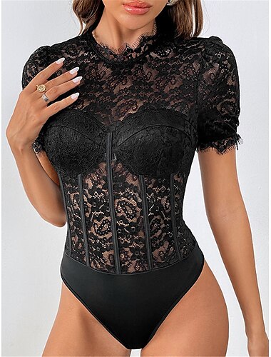  Damen Normal Bodysuit Sexy Feste Farbe Kurzarm Ständer Spitze Patchwork Strasse Klub Regular Fit Schwarz Sommer