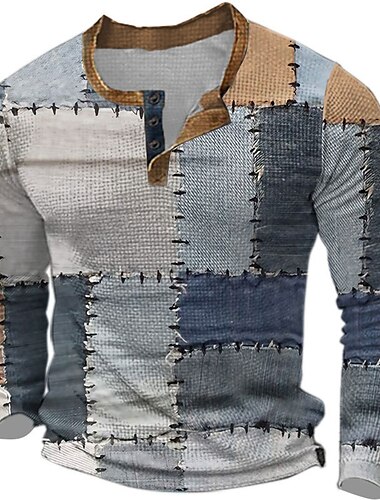  Hombre Plaid Patrón de mosaico falso Henley Shirt Camiseta de gofres Manga Larga Impresión 3D Design Retro Antiguo Casual Deporte Festivos Festival Primavera & Otoño Azul Piscina Morado Caqui Gris