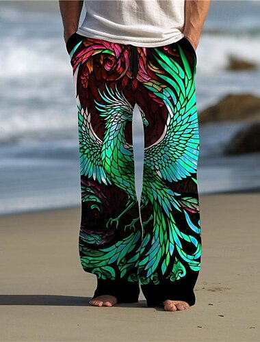  Stained Glass Phoenix Herren-Freizeithose mit 3D-Druck, elastische Taille, Kordelzug, lockere Passform, gerades Bein, Sommer-Strandhose, S bis 3XL
