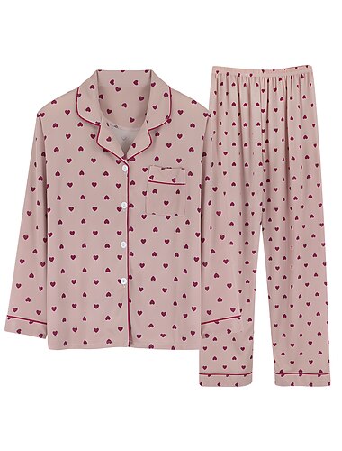  Damen-Pyjama-Sets mit Herz-Gitter/Kariert, modisch, bequem, weich, für zu Hause, tägliches Bett, Satin-Seide, atmungsaktiv, Revers, langärmeliges Hemd, Hose, Knopftasche, Herbst-Winter-Home-Outfits
