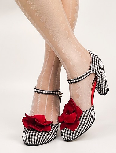  γυναικείες vintage gingham καρό γόβες mary jane με διακοσμητικά κόκκινα λουλούδια – παπούτσια για πάρτι σε στυλ ρετρό
