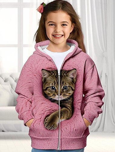  Mädchen 3D Katze Kapuzensweatshirt Mantel Oberbekleidung Rosa Langarm Herbst Winter Aktiv Niedlich Streetwear Kinder 3-12 Jahre Reissverschluss Straße Täglich Normale Passform