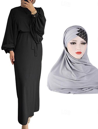  Set mit Damen-Abaya-Kleid, arabisches muslimisches Maxikleid mit Gürtel, religiöses saudi-arabisches Kleid, Hijab-Schals, Schal, Wickelkopfschmuck, Ramadan, religiös, 2-teilig, Damen, Ramadan,