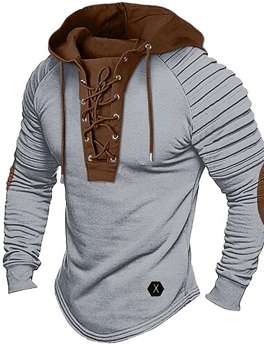  Homens Camiseta T-shirt Camisa de manga longa Camisas masculinas com reforço nos cotovelos Manga Longa Com Capuz Primavera & Outono Bloco de cor Slim plissado Moda Designer Básico Cordões Patchwork