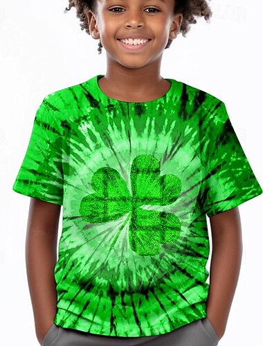  St. Patrick Jungen 3D Batik Vierblättriges Kleeblatt T-Shirt Hemd Kurzarm 3D-Druck Sommer Aktiv Sport Modisch Polyester kinderkleidung 3-12 Jahre Rundhalsausschnitt Outdoor Casual Täglich Regular Fit
