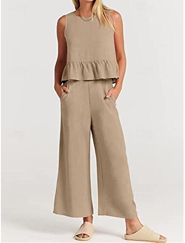  Leinen-Set Tanktop Baumwoll-Leinen-Hemden Set Damen Schwarz Armeegrün Marineblau Einfarbig Rüsche 2 teilig Straße Täglich Mode Rundhals Baumwoll-Leinen Normale Passform S