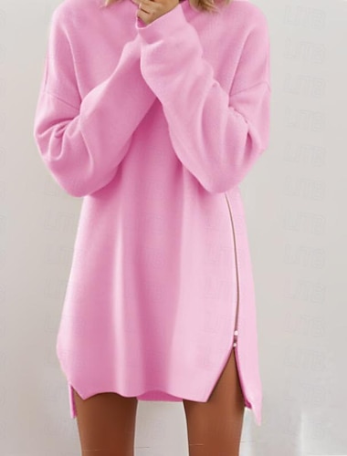  dam tröja klänning vinterklänning rosa vin kungsblå marinblå beige grå långärmad ren färg dragkedja vinter höst crew neck casual boom rea klänning s m l xl xxl 3xl 4xl