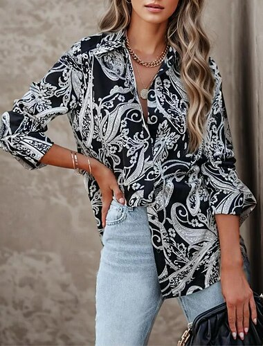  Camicia da donna a maniche lunghe con bottoni Blusa di moda Paisley Bottoni stampa Top regolari Colletto casual Nero Primavera e Autunno