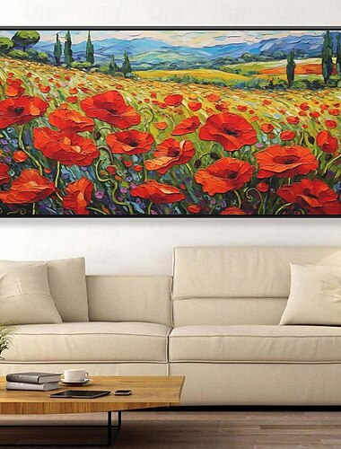 Ölgemälde, handgemaltes Mohnfeld-Gemälde, Kunstwerk, handgefertigtes Wildblumen-Ölgemälde, Landschaft, rote Mohnblumen, Ölgemälde für Wohnzimmer, Schlafzimmer, Hotelwand, Heimdekoration