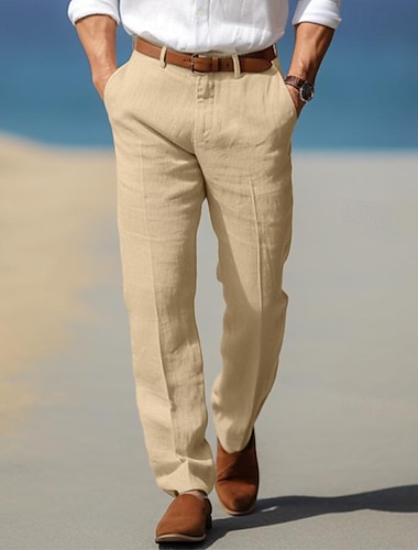  男性用 リネンパンツ ズボン サマーパンツ ビーチパンツ フロントポケット まっすぐな足 平織り 履き心地よい 高通気性 フォーマル ビジネス 祝日 リネン／コットン混紡 ファッション ベーシック ホワイト ブルー