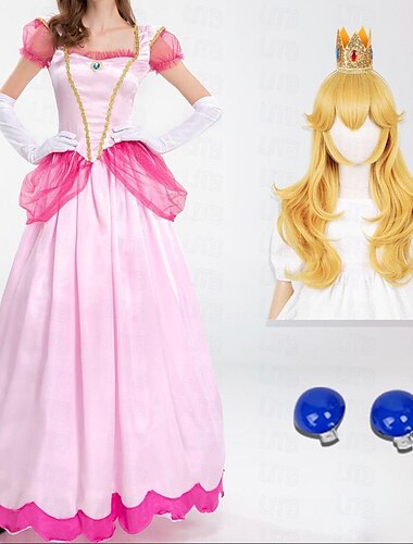  sprookjesprinses perzik cosplay kostuum vakantiejurk dames film cosplay zoete roze roze jurk gemaskerd polyester met kostuumpruik