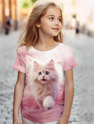  Flickor 3D Katt T-shirt Skjortor Rosa Kortärmad 3D-tryck Sommar Aktiv Mode söt stil Polyester Barn 3-12 år Rund hals Utomhus Ledigt Dagligen Normal