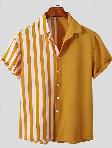  Voor heren Zomer overhemd Normaal shirt Strand hemd Overhemd met knopen Gestreepte shirts Zwart Geel Diep Blauw Korte mouw Kleurenblok Gestreept Revers Vakantie Hawaii Lapwerk Kleding Polyester