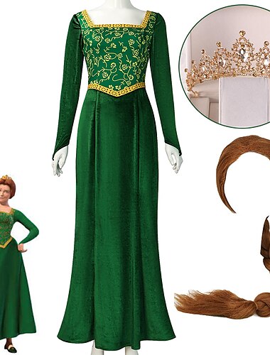  Fiona-Kostüm für Damen, Prinzessin, Fiona-Kleid, Shrek, mittelalterliches Renaissance-Kleid, lange Ärmel, grünes Kleid, Halloween-Cosplay-Party-Outfit mit Kostüm-Perücken