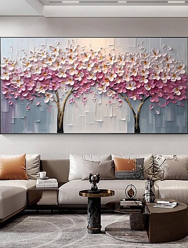  Pintura al óleo abstracta de flor de cerezo pintada a mano sobre lienzo, pintura de flor rosa hecha a mano para sala de estar, decoración del hogar, pintura texturizada personalizada grande, arte de