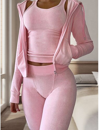  Mujer Pijamas Conjuntos 3 Piezas Color puro Cálido Moda Felpa Hogar Diario Cama Franela Templado Transpirable Sudadera Manga Larga Sudadera Pantalón Otoño Invierno Granate Rosa loto