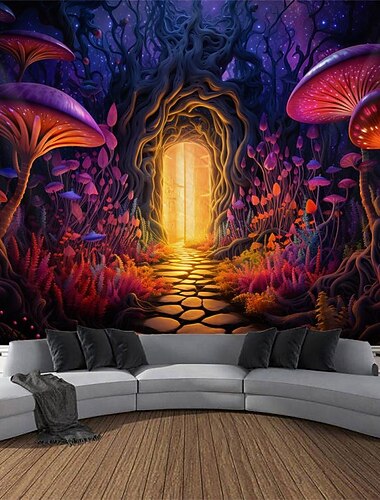  arazzo a luce nera uv reattivo fosforescente festa al neon funghi foresta psichedelico trippy nebbioso appeso arazzo arte murale per soggiorno