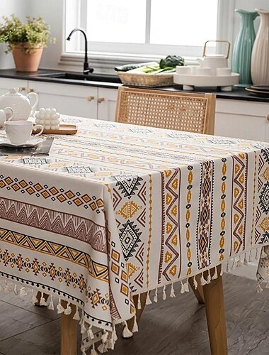  1 nappe rectangulaire de style bohème avec pompons – Décoration d'intérieur imperméable et résistante à l'huile.