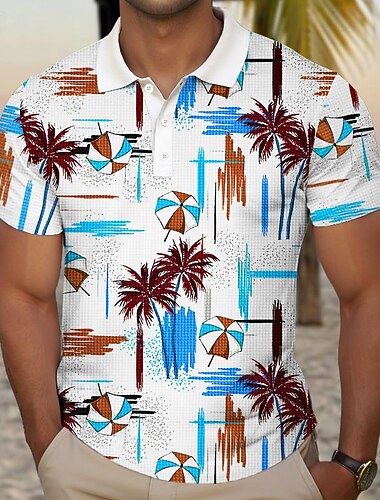  דרבי קנטקי בגדי ריקוד גברים עץ דקל חולצת גולף שרוולים קצרים חולצות פולו חולצות עם צווארון יום יומי ביגוד חוף בגדי נופש טרופי ללבוש תלבושות למסיבה הדפסת תלת מימד כפתורים קיץ פול צהוב אודם