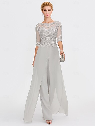  Strandbruiloft Tweedelige Jumpsuit  Broekpak Moeder van de Bruid Formele Bruiloft Gast Elegante Wrap Inbegrepen Bateau Hals Vloerlengte Chiffon 3/4 Lengte Mouw met Applicaties 2025