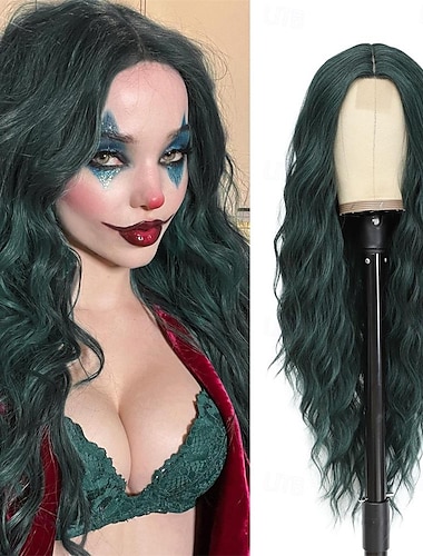  Pelucas de halloween peluca larga cosplay verde peluca sintética de parte media de 28 pulgadas regalos de halloween realistas pelucas de fiesta para mujeres uso diario pelucas coloridas pelucas del