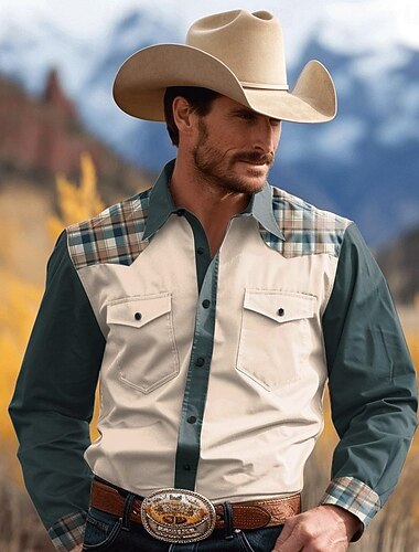  Herr Rutig Cowboy Västerländsk skjorta Knapp upp skjorta Cowboyskjorta Långärmad Vintage Västra Dagliga kläder Vår & Höst Nedvikt Skjortor med krage 3D-utskrift Framficka Svart Grön Kaki