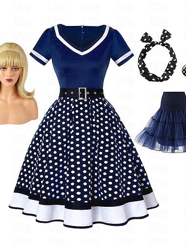  Retro-Vintage-Rockabilly-Petticoat aus den 1950er-Jahren, Reifrock, A-Linien-Kleid, Tutu-Flare-Kleid, Audrey Hepburn, Damen-Cosplay-Kostüm, Party-/Abend-Maskerade-Kleid mit Kostüm-Perücke