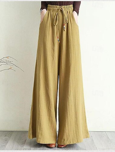  Mujer Perneras anchas Pantalones de lino Sabana de algodon Bolsillos laterales Perneras anchas Longitud total Negro Primavera verano