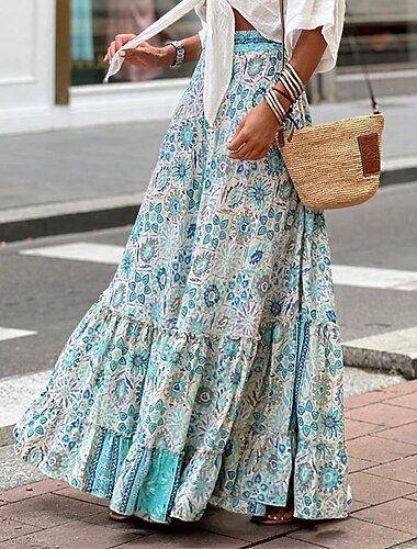  dames rok a-lijn swing lange rok maxi hoge taille rokken ruches print bloemen geometrisch dagelijks vakantie zomer mode casual boho roze blauw groen lichtblauw